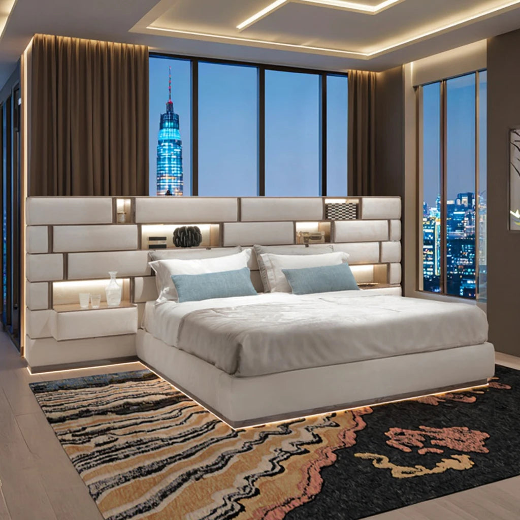 Modern minimalist leather double bed premium luxury designer master bedroom widescreen premium MDF metal hotel