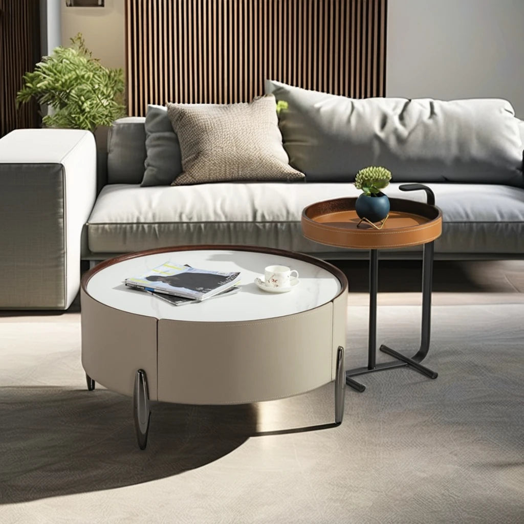 Saddle Leather Round Ceramic Coffee Table Set Living Room Furniture Villa Large Apartment Loft Simple Coffee Table