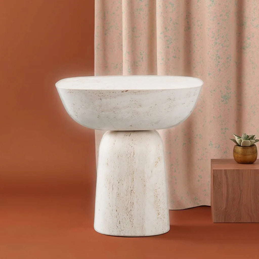 Nordic minimalist designer side table natural hand-carved travertine stone, for living room sofa or corner