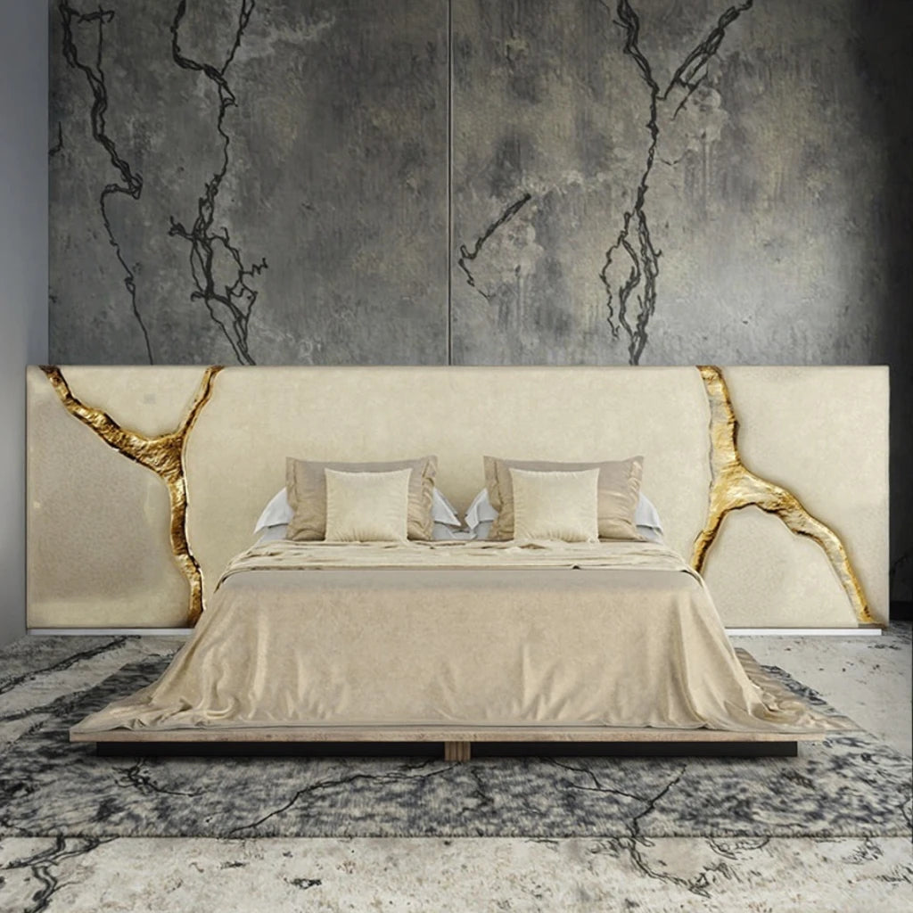 Modern White Head Board Bed Large Cork Frame with Leather Decorative Fabric Material Gold Crack Wide Bad