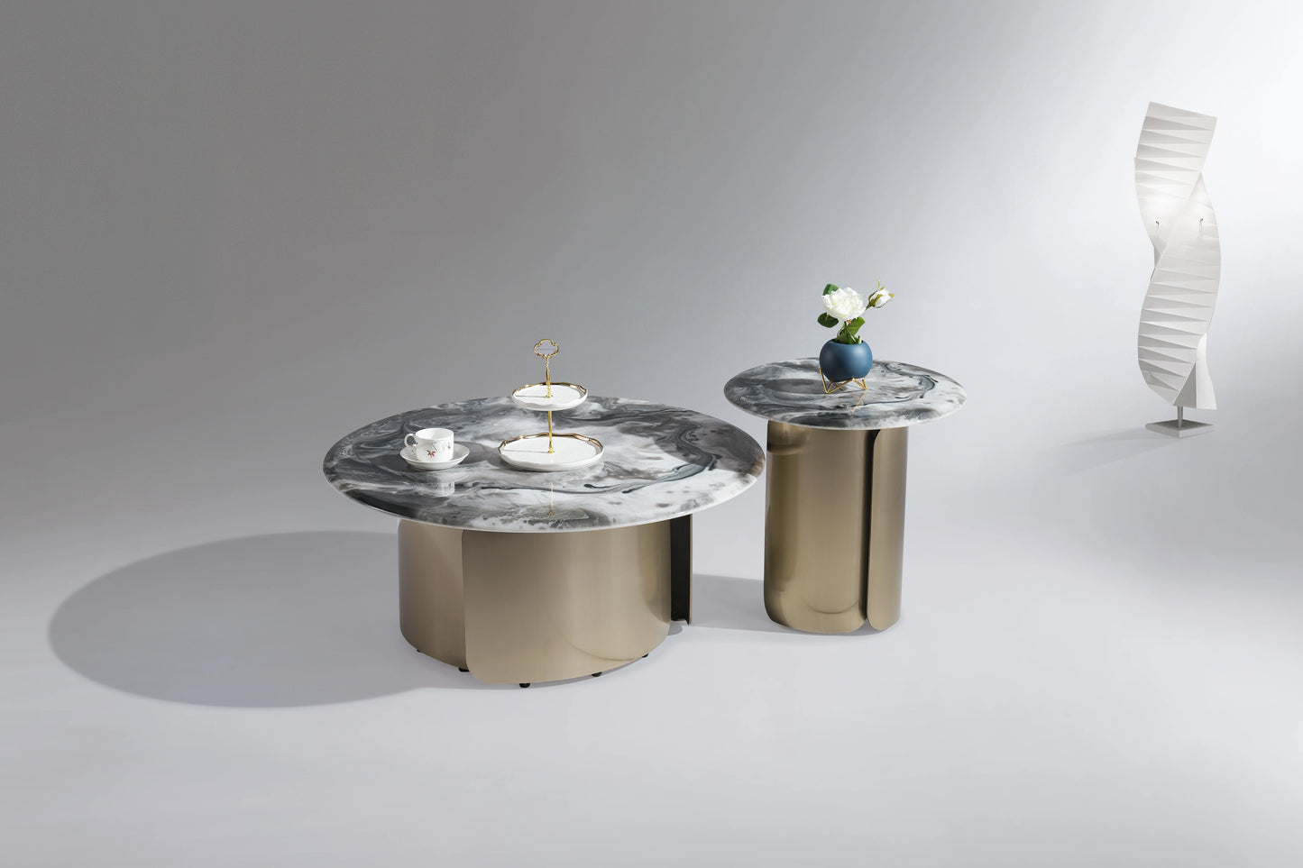 Coffee table set Home living furniture Round apartment project Small stainless steel base Beauty salon Ceramic coffee table