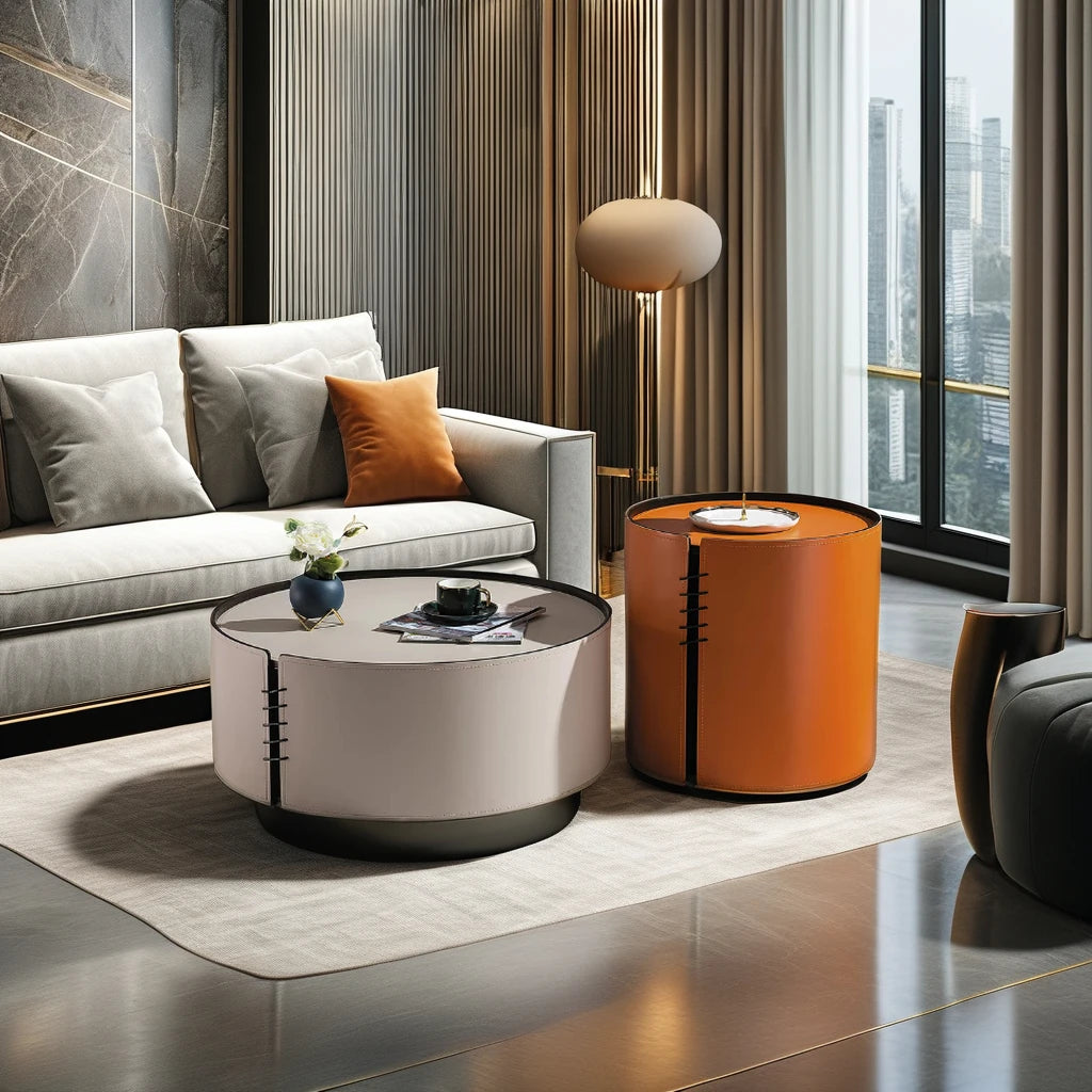 Saddle leather high-end VIP villa furniture living room coffee table set home interior round bedroom hotel coffee table