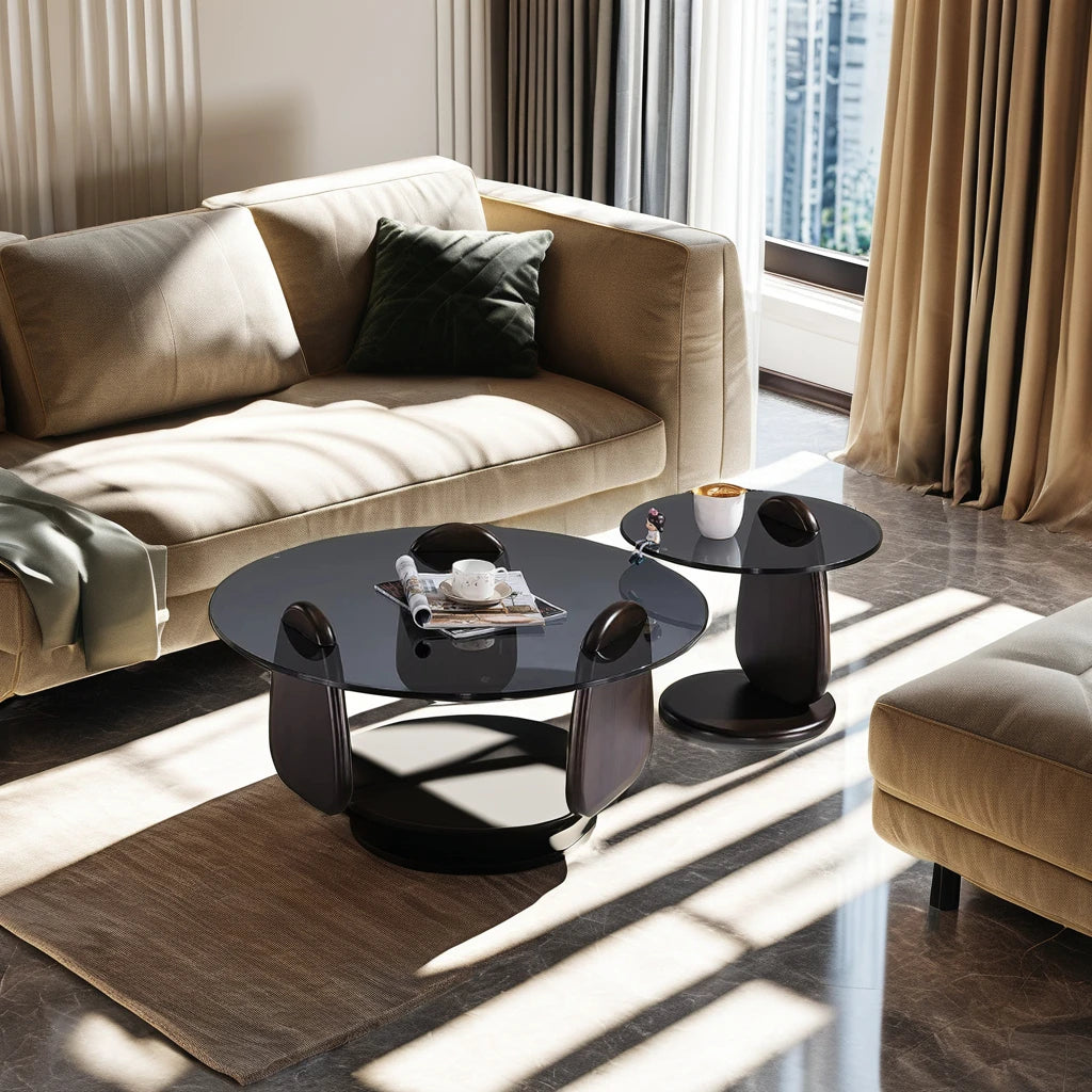 Modern Luxury Design Round Glass Top Tea Table Set with Solid Oak Wooden Base for Villa Living Room or Dining Room Combination