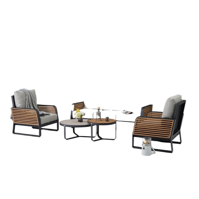 Aluminum frame casual fabric 2-seater sofa with teak arms and back for outdoor furniture in garden hotel villas