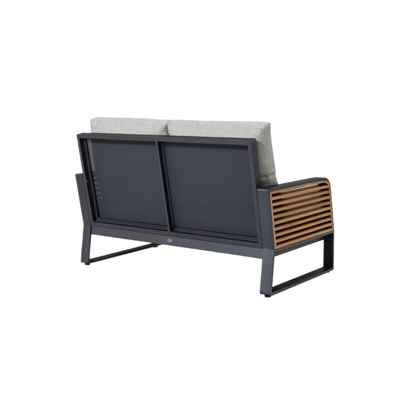 Aluminum frame casual fabric 2-seater sofa with teak arms and back for outdoor furniture in garden hotel villas