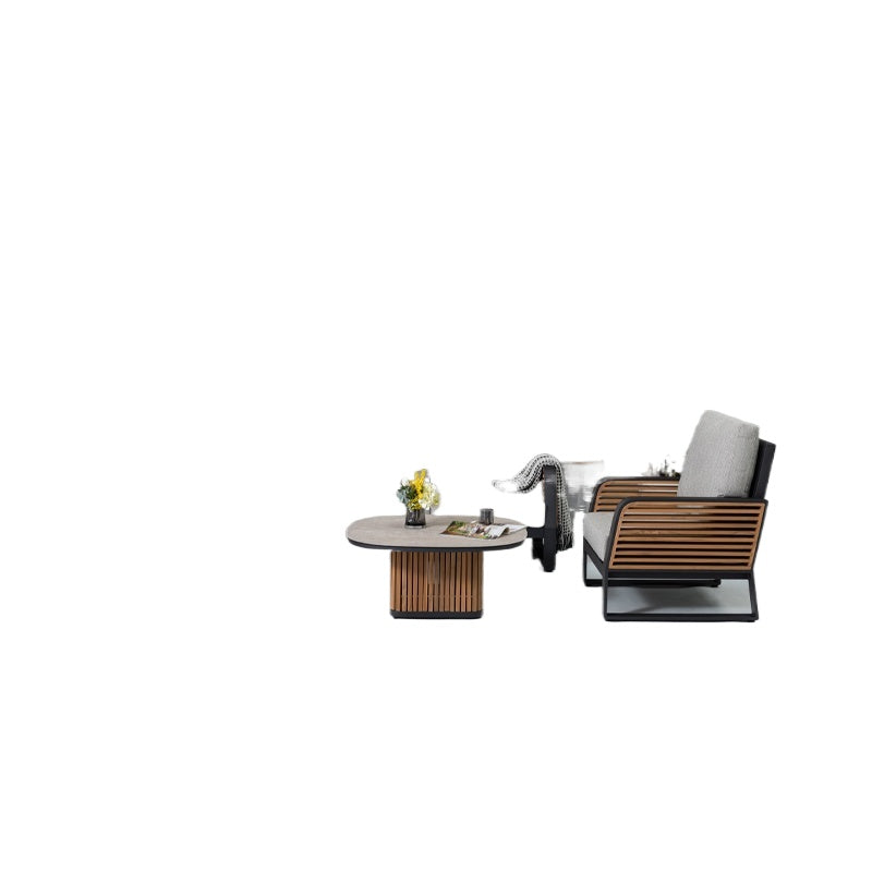 Aluminum frame casual fabric 2-seater sofa with teak arms and back for outdoor furniture in garden hotel villas