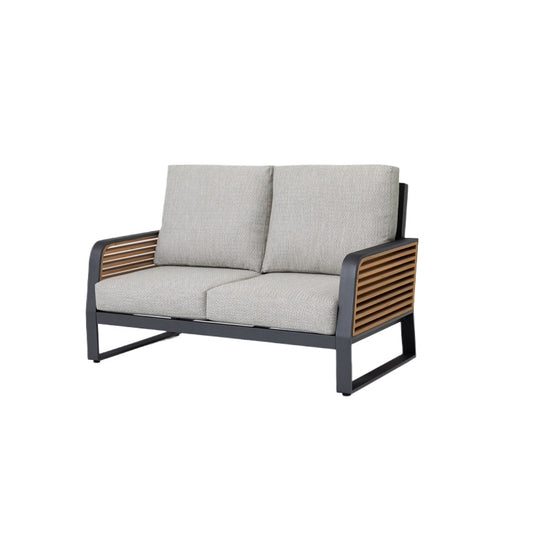 Aluminum frame casual fabric 2-seater sofa with teak arms and back for outdoor furniture in garden hotel villas