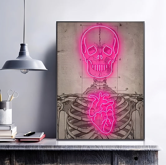 Neon Heart Skeleton Canvas