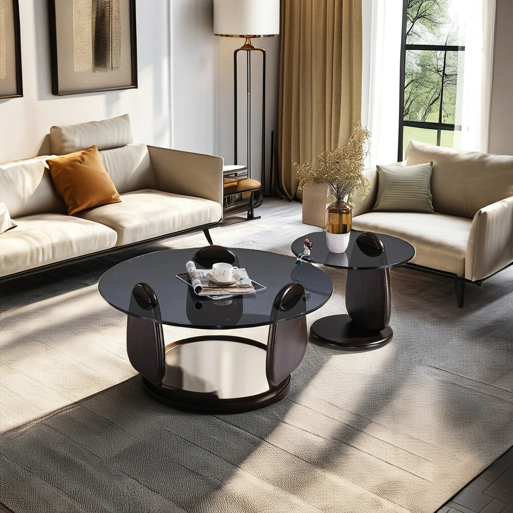 Modern Luxury Design Round Glass Top Tea Table Set with Solid Oak Wooden Base for Villa Living Room or Dining Room Combination