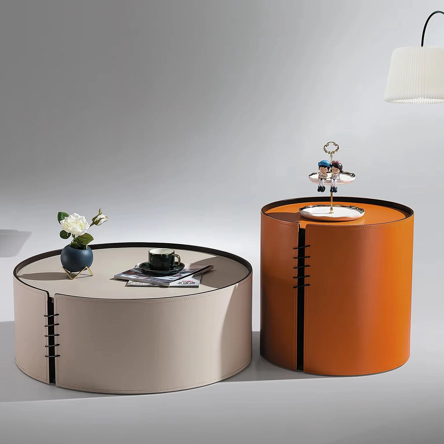 Saddle leather high-end VIP villa furniture living room coffee table set home interior round bedroom hotel coffee table
