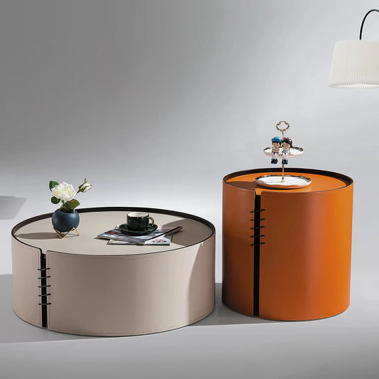 Saddle leather high-end VIP villa furniture living room coffee table set home interior round bedroom hotel coffee table