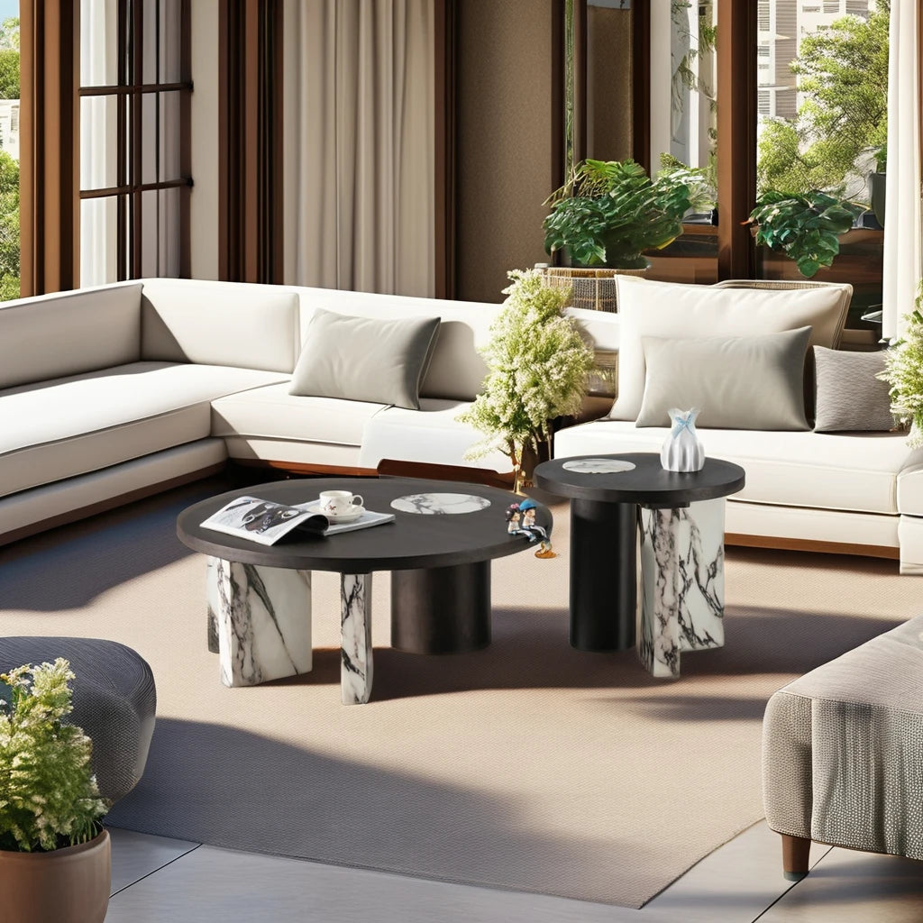 Marble stick leg villa home living room furniture round luxury coffee table wooden veneer top 5 start hotel loft coffee table