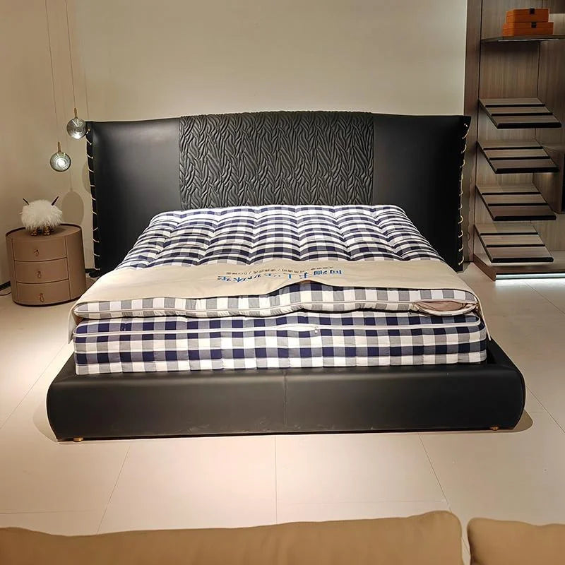 Queen Bed Double Leather Bed Luxury Style Large Flat Bedroom Furniture Custom Wide Headboard King Size Bed