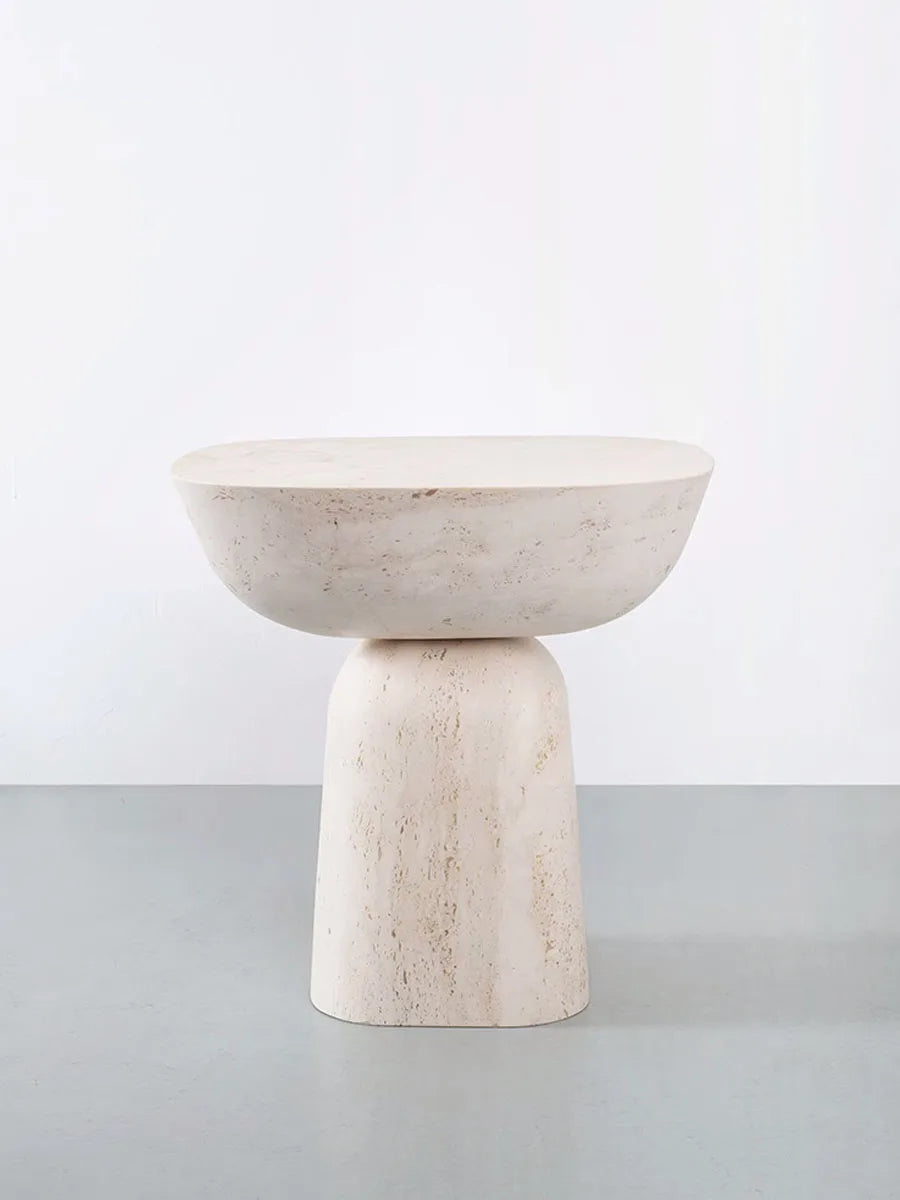 Nordic minimalist designer side table natural hand-carved travertine stone, for living room sofa or corner