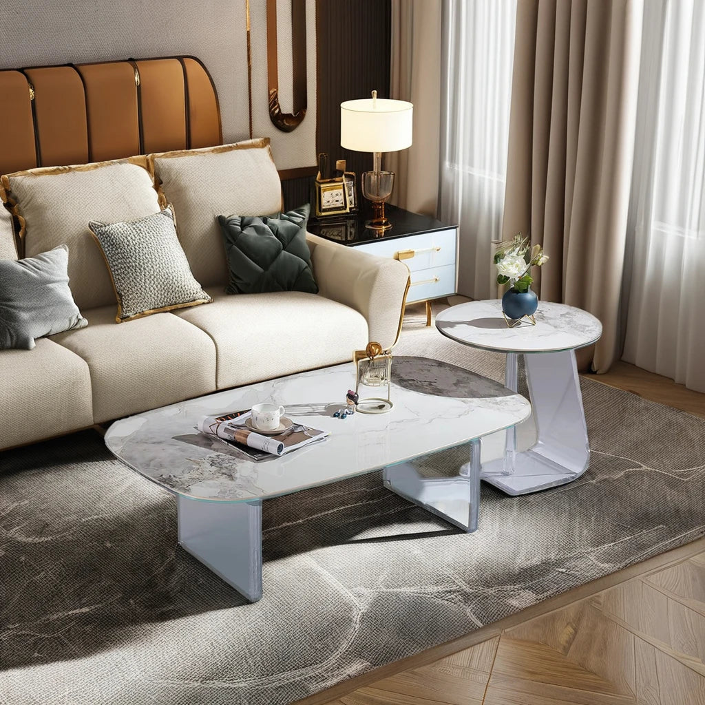 White ceramic luxury villa coffee table set rectangular round living room furniture casual modern coffee table