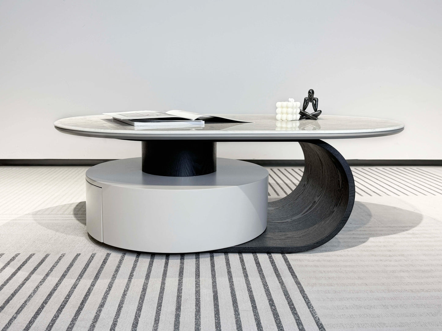 Modern round coffee table with convertible drawers in stainless steel marble for home living room furniture with wooden panels