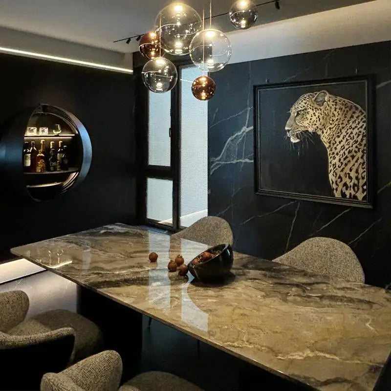 Modern Luxury Italian Normcore Dining Table High-end Venetian Brown Natural Marble with Stainless Steel Household Dining Table