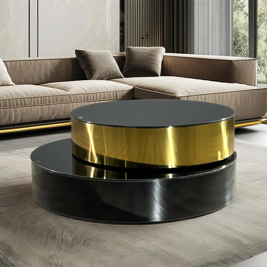 Italian design 360 degree rotating stainless steel villa coffee table round gold glass top apartment hotel VIP coffee table