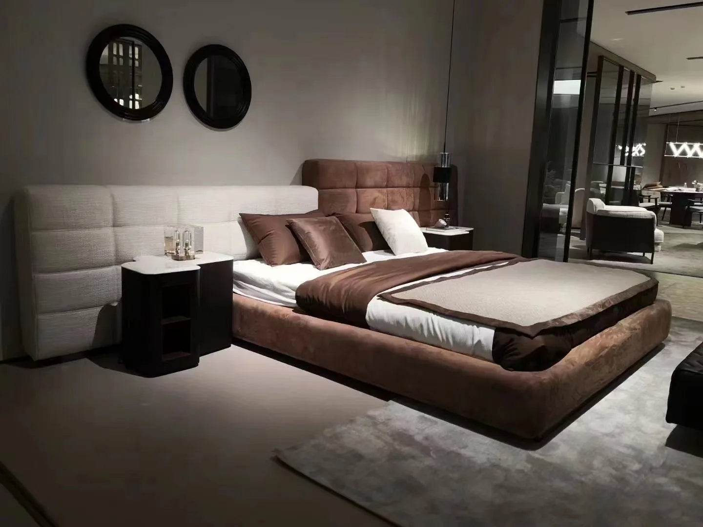 Italian high-end modern simple king bed large wooden bed frame smart function wide back velvet full bed room leather