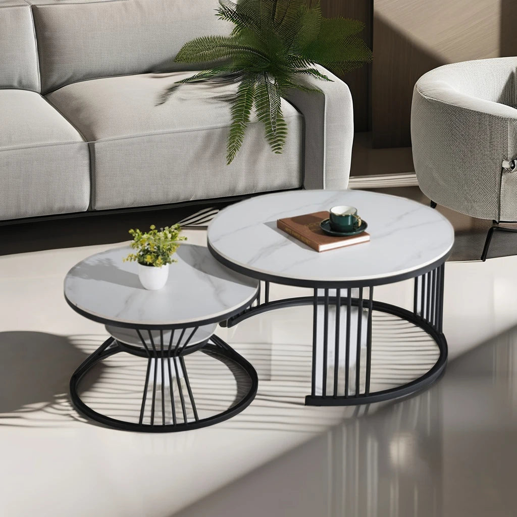 Contemporary Modern Design Combination Ceramic Steel Coffee Table Set Black Base with Living Room Home Furniture Tabletop