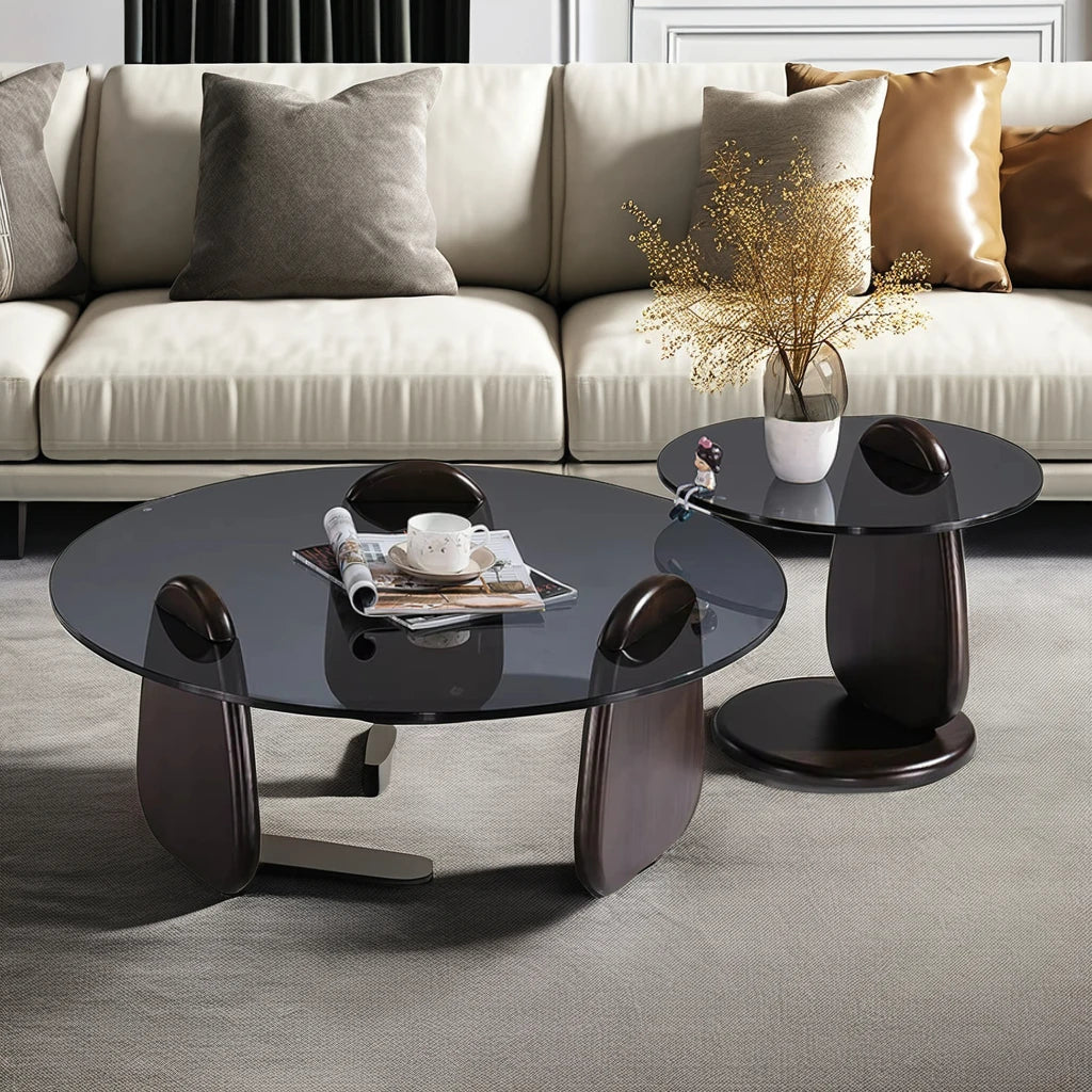 Modern Luxury Design Round Glass Top Tea Table Set with Solid Oak Wooden Base for Villa Living Room or Dining Room Combination