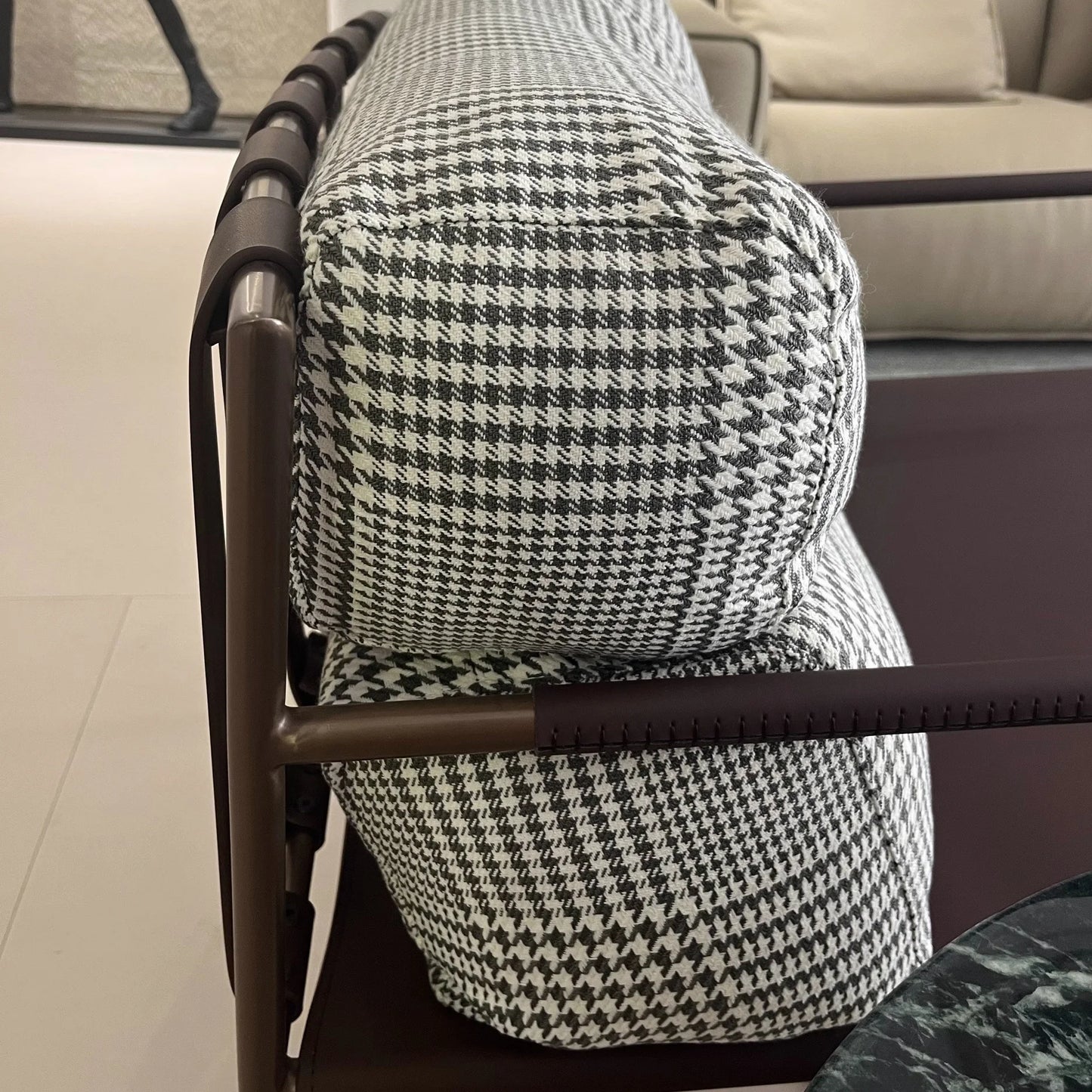 Italian loft interior designer single lounge chair soft back balcony antique style steel leg celebrity metal lounge chair