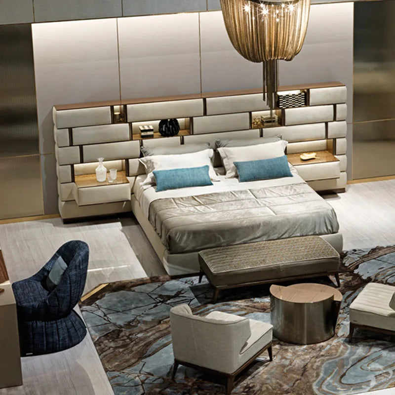 Modern minimalist leather double bed premium luxury designer master bedroom widescreen premium MDF metal hotel