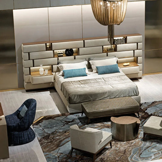 Modern minimalist leather double bed premium luxury designer master bedroom widescreen premium MDF metal hotel