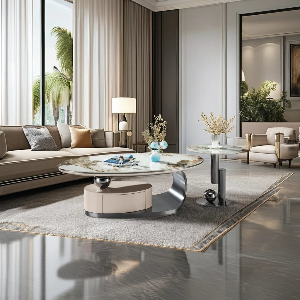 Combination stainless steel titanium gold black luxury design ceramic coffee table setting living room furniture coffee table