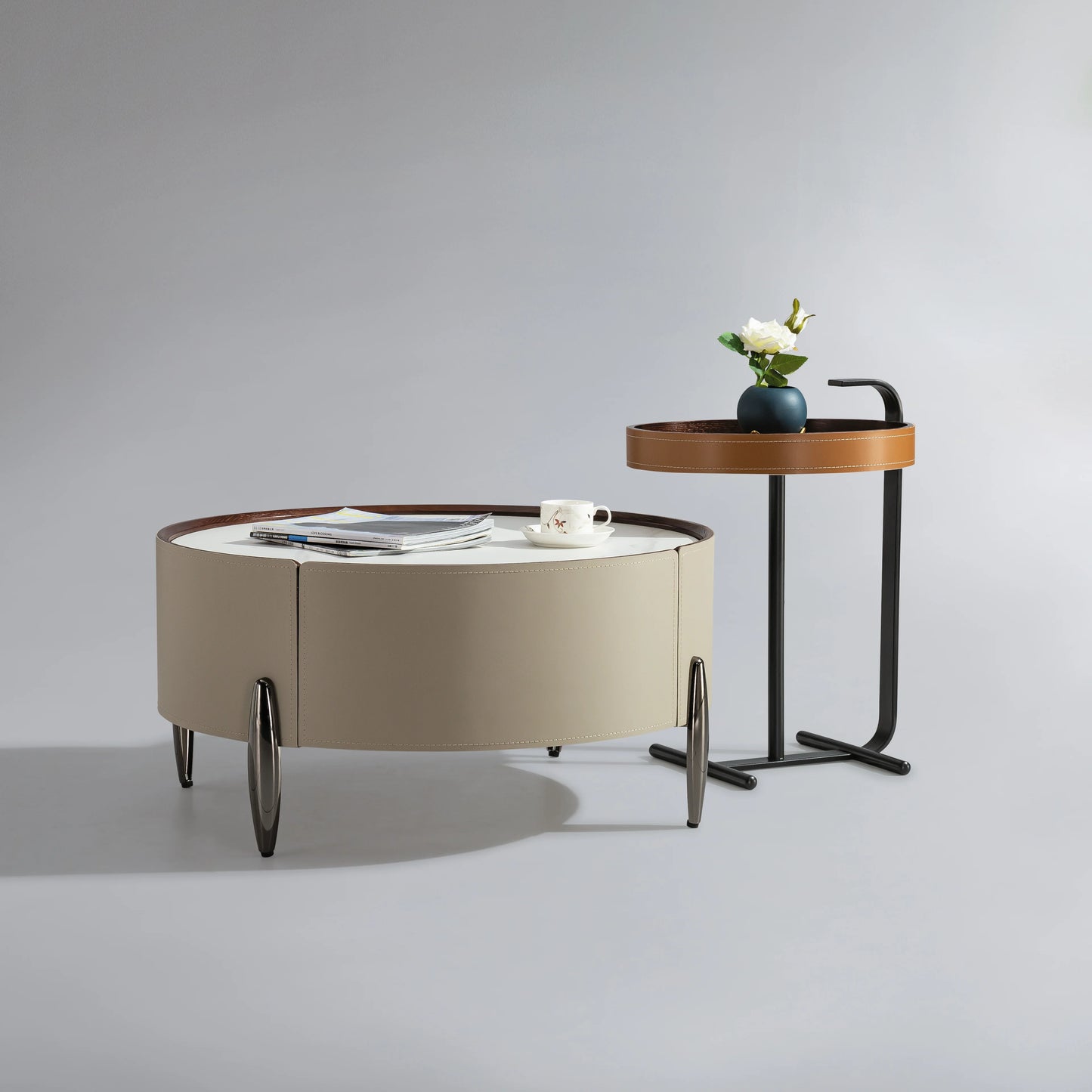Saddle Leather Round Ceramic Coffee Table Set Living Room Furniture Villa Large Apartment Loft Simple Coffee Table