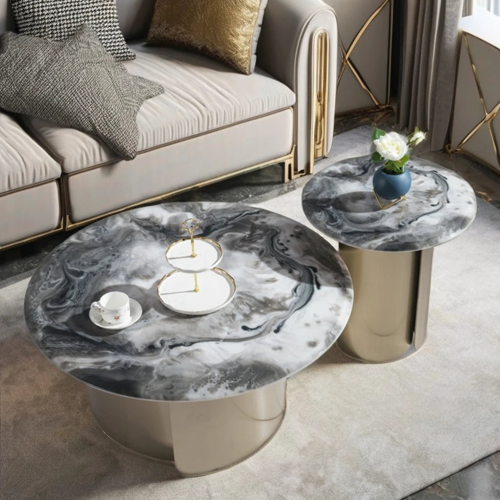 Coffee table set Home living furniture Round apartment project Small stainless steel base Beauty salon Ceramic coffee table