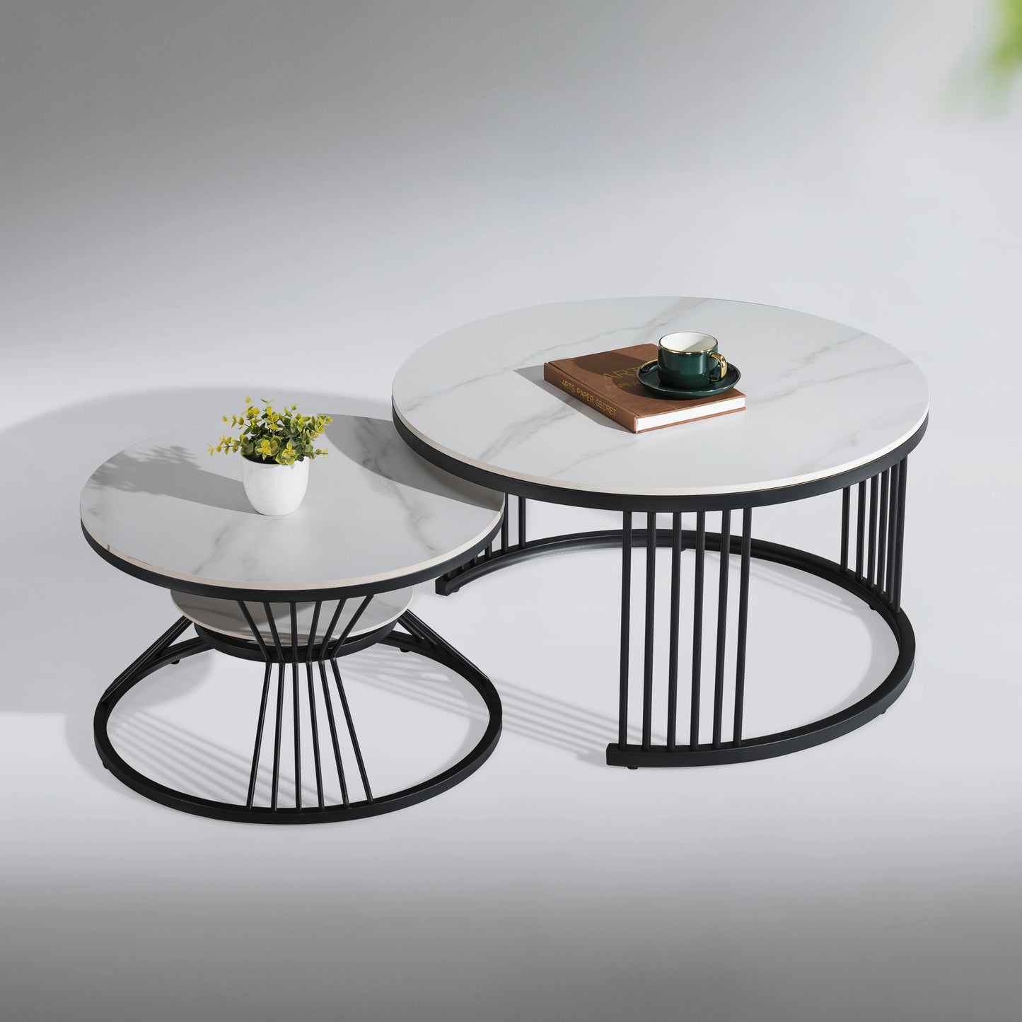 Contemporary Modern Design Combination Ceramic Steel Coffee Table Set Black Base with Living Room Home Furniture Tabletop