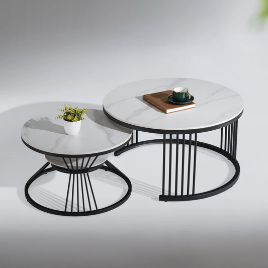 Contemporary Modern Design Combination Ceramic Steel Coffee Table Set Black Base with Living Room Home Furniture Tabletop