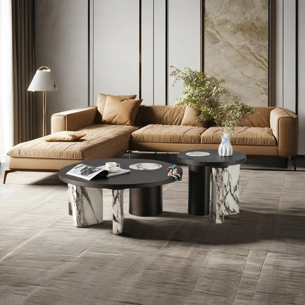 Marble stick leg villa home living room furniture round luxury coffee table wooden veneer top 5 start hotel loft coffee table