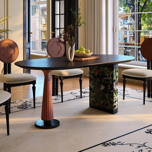 French Modern Special Design Restaurant Set Solid Wood Dining Table American Black Grey Wood Oval Home Dining Table
