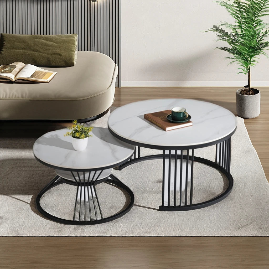 Contemporary Modern Design Combination Ceramic Steel Coffee Table Set Black Base with Living Room Home Furniture Tabletop
