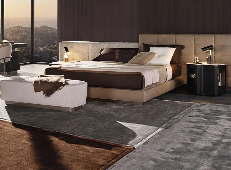 Italian high-end modern simple king bed large wooden bed frame smart function wide back velvet full bed room leather
