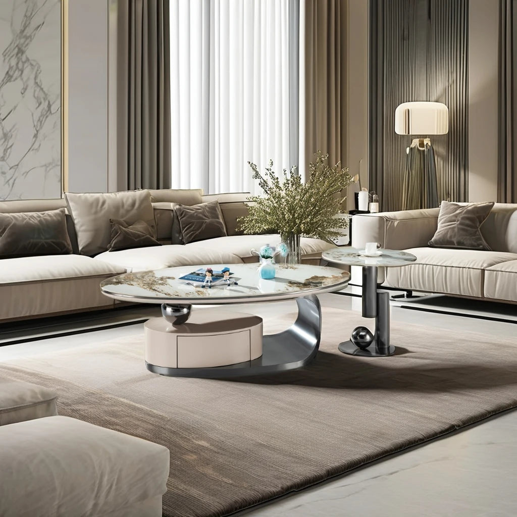 Combination stainless steel titanium gold black luxury design ceramic coffee table setting living room furniture coffee table