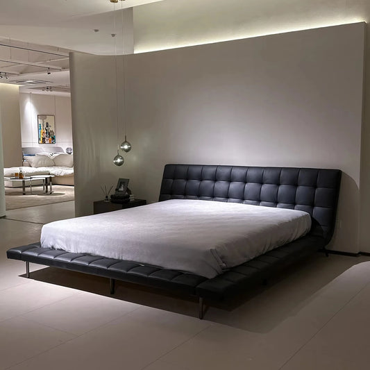 Modern Italian Design King Bed Textured Designer Leather Wood Frame, Bedroom Home Decor Lightweight Luxury