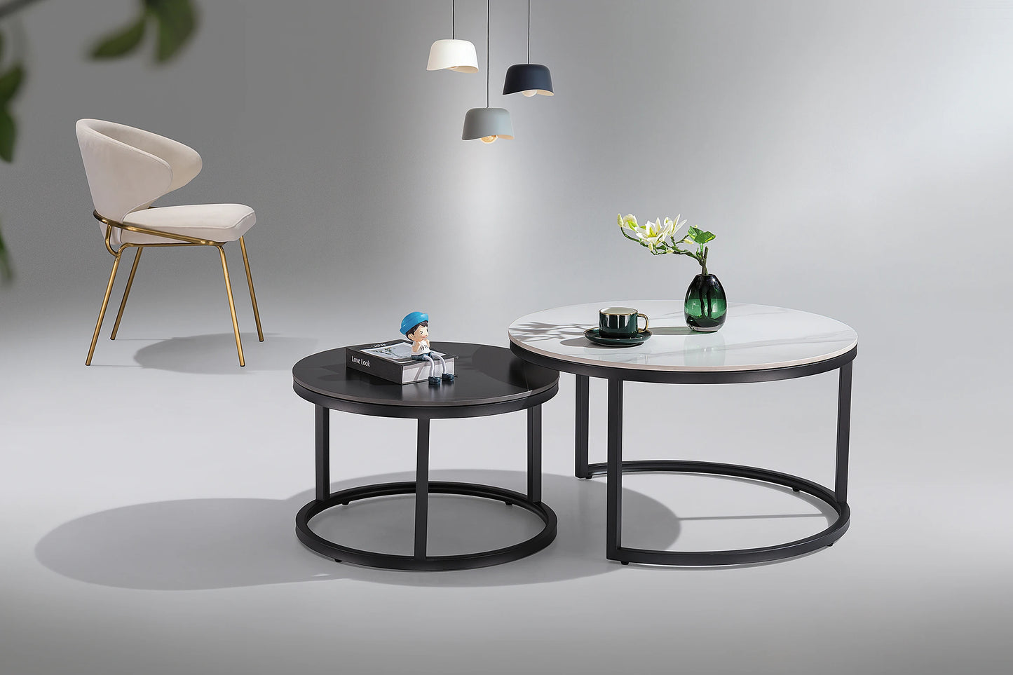 2 round combination living room furniture modern style ceramic metal base coffee table office casual coffee table home