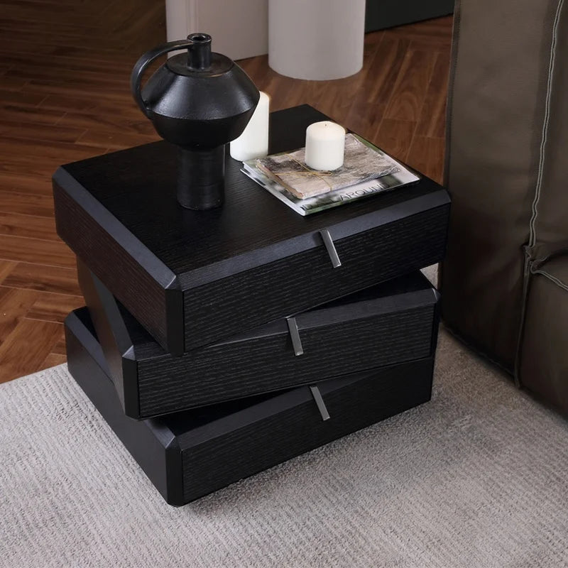 High-grade black smoked solid wood bedside table, simple modern Italian style luxury lighting rotating bedside table, high-end storage