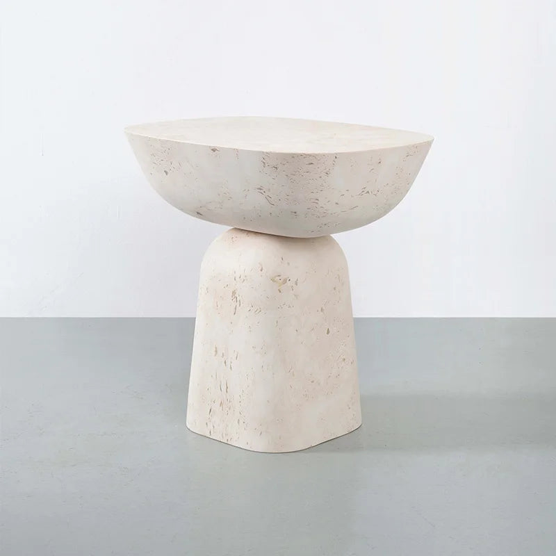 Nordic minimalist designer side table natural hand-carved travertine stone, for living room sofa or corner