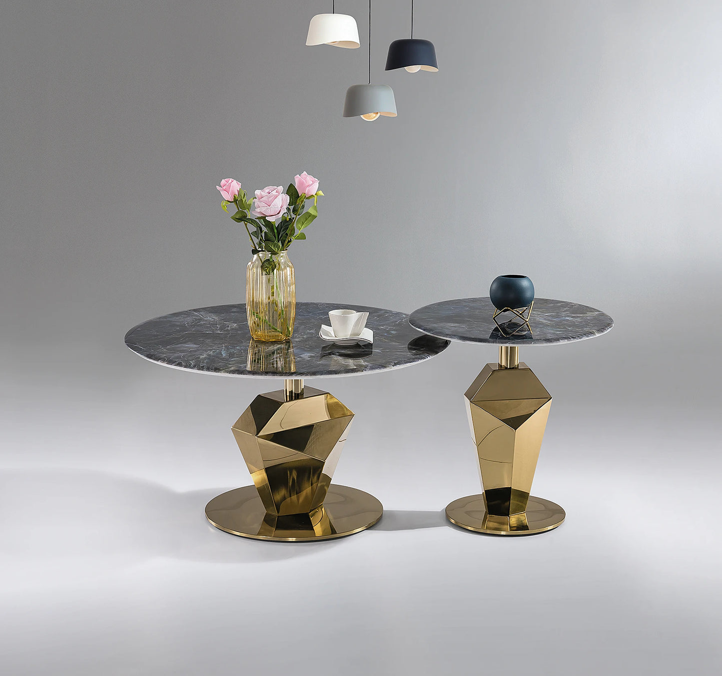 Stainless steel black titanium light luxury Italian round coffee table set Home interior villa VIP living room coffee table