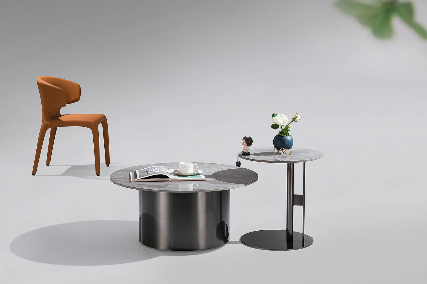 Light luxury stainless steel gold ceramic round living room furniture indoor beauty salon casual coffee table set