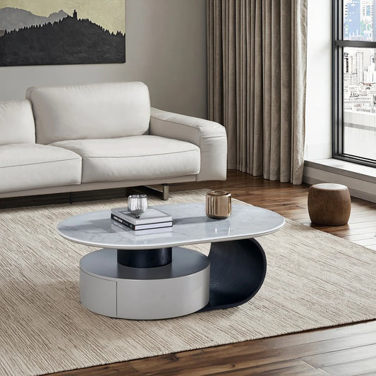Modern round coffee table with convertible drawers in stainless steel marble for home living room furniture with wooden panels