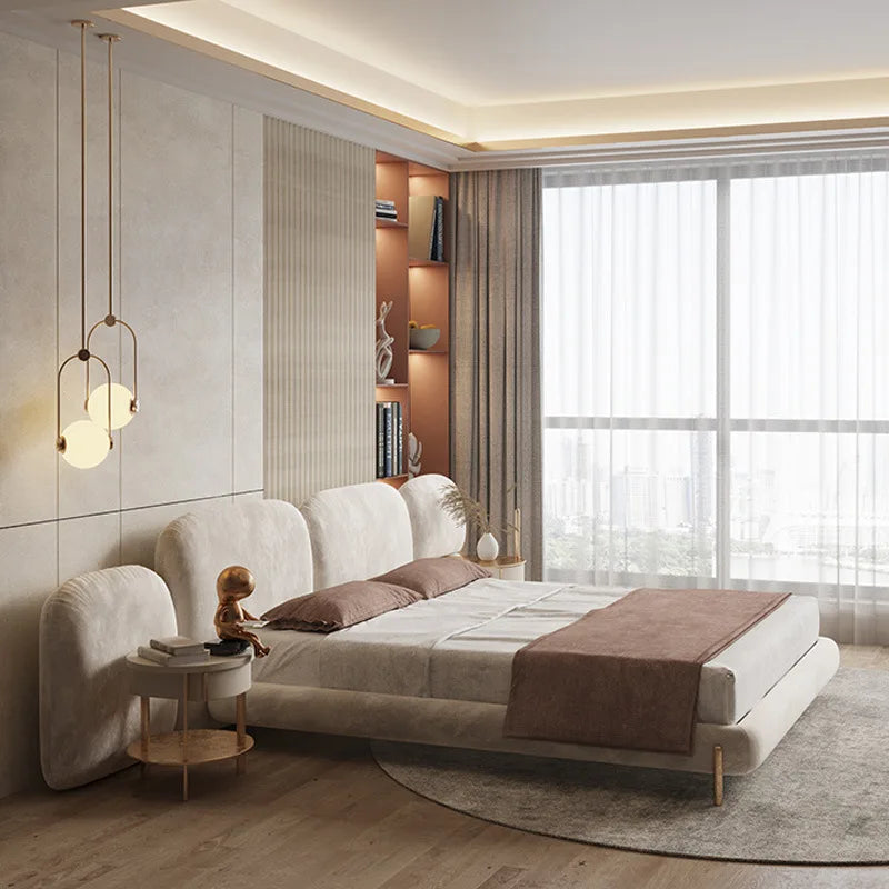 Luxury Cream Stone Modern King Bed Light Luxury Fabric Wooden Frame Small Apartment Luxury Bed