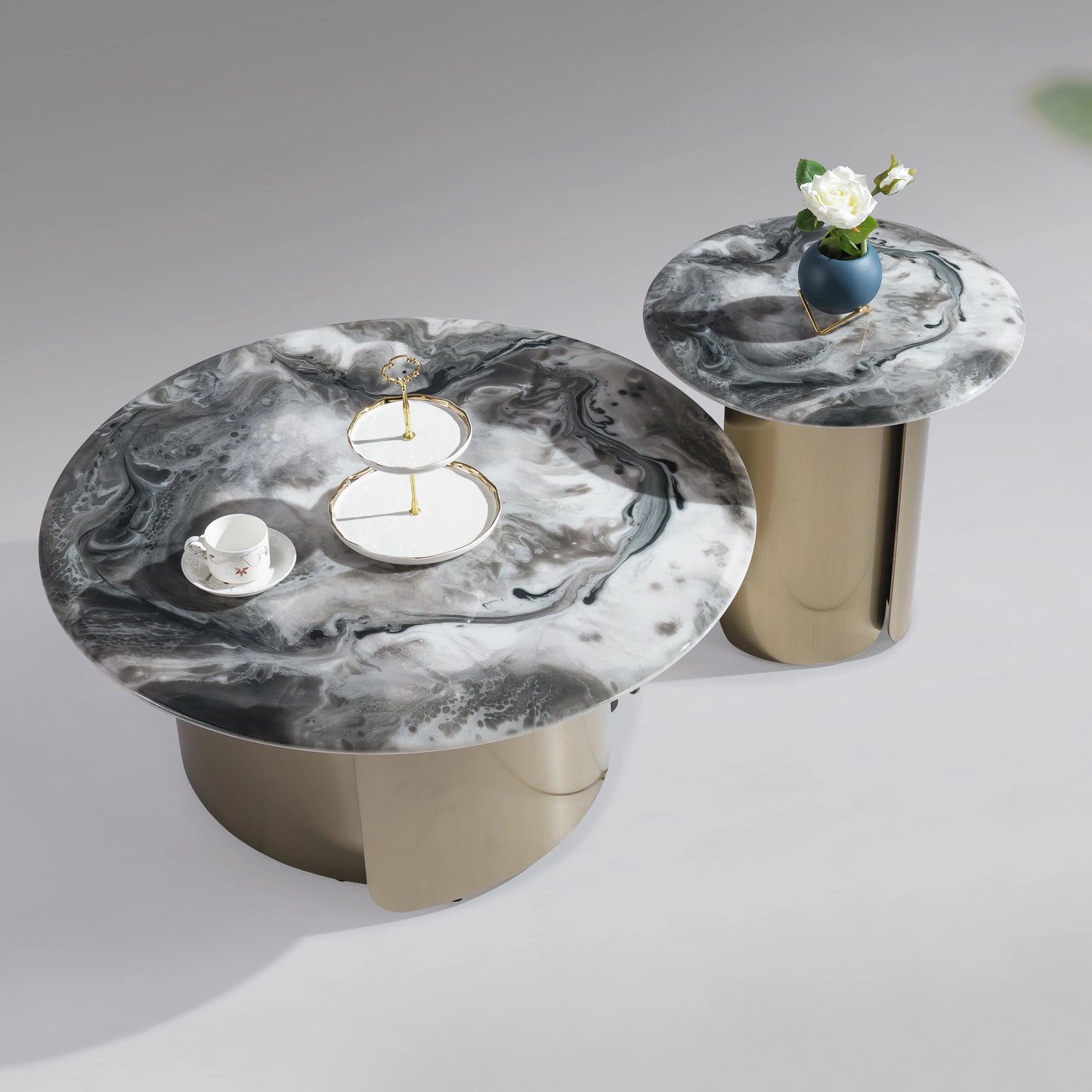 Coffee table set Home living furniture Round apartment project Small stainless steel base Beauty salon Ceramic coffee table