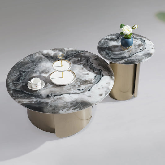 Coffee table set Home living furniture Round apartment project Small stainless steel base Beauty salon Ceramic coffee table