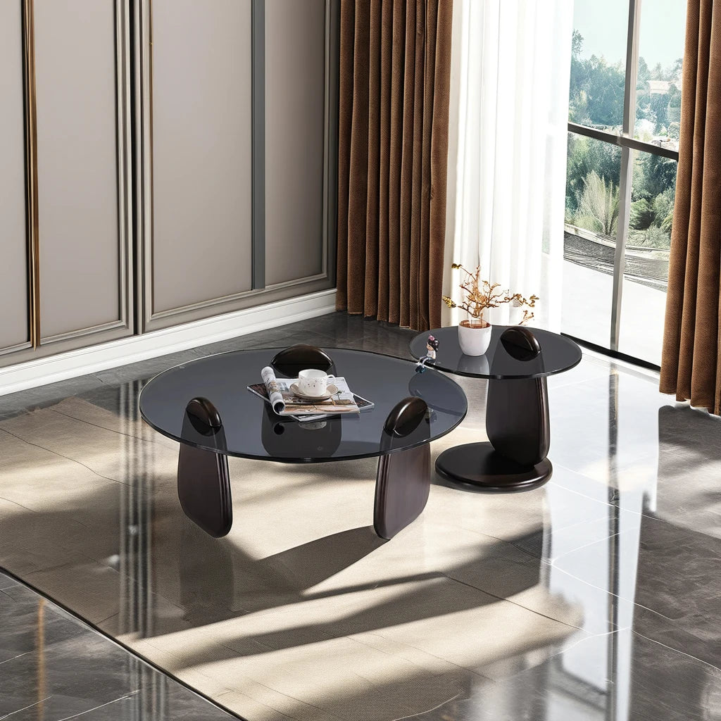 Modern Luxury Design Round Glass Top Tea Table Set with Solid Oak Wooden Base for Villa Living Room or Dining Room Combination