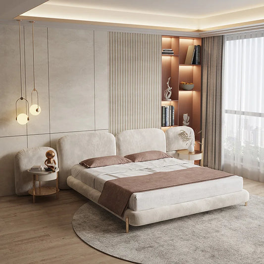 Luxury Cream Stone Modern King Bed Light Luxury Fabric Wooden Frame Small Apartment Luxury Bed